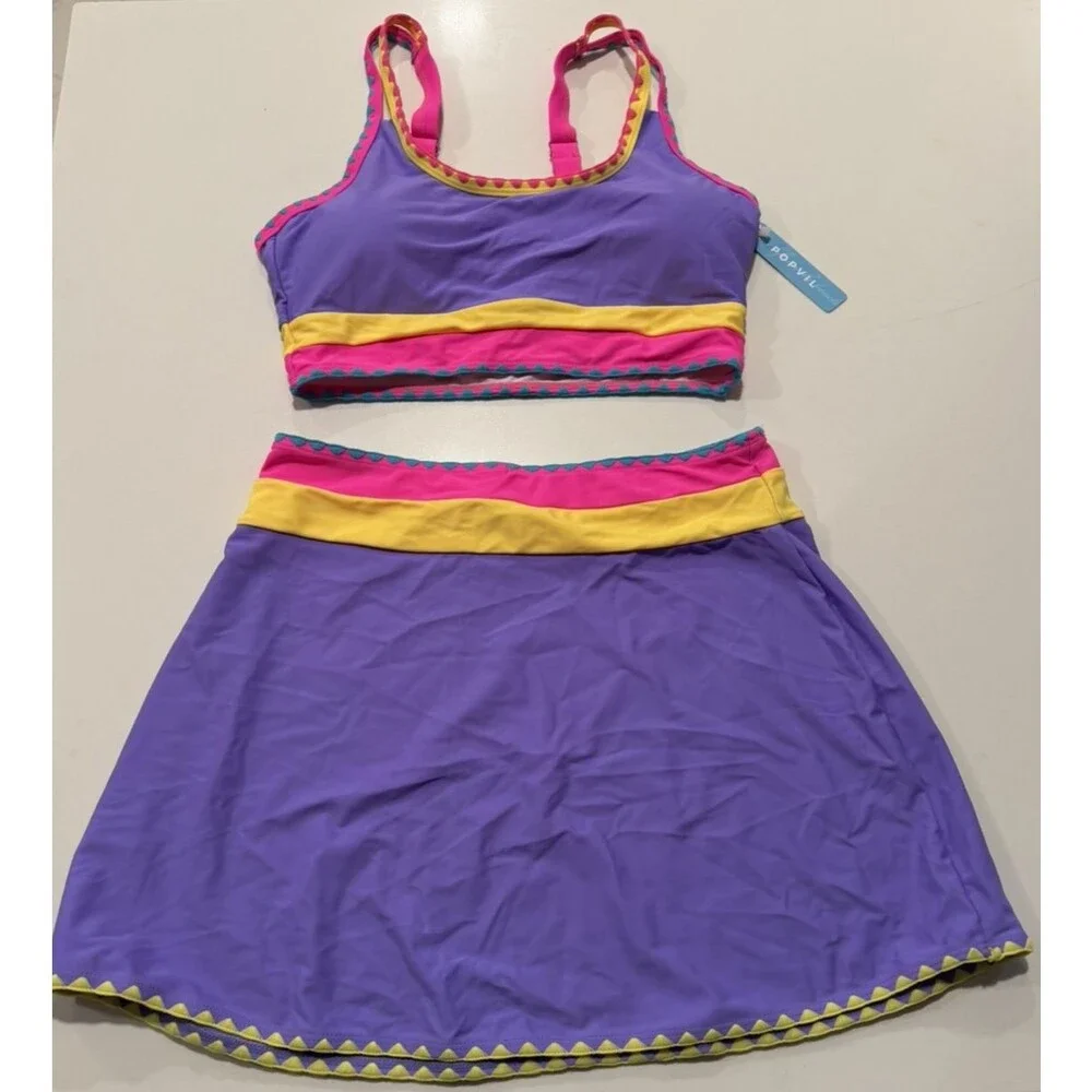 popvil Tummy Control 3 Piece Swimsuit with Skirt High Waisted Bikini Vibrant M